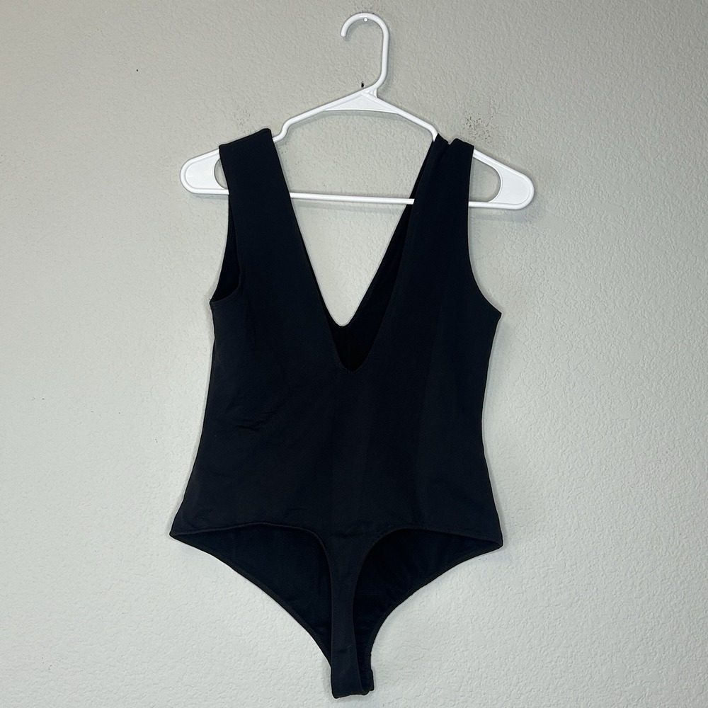 Free People Intimately Keep It Sleek Black Bodysuit V Neck Women's Size M